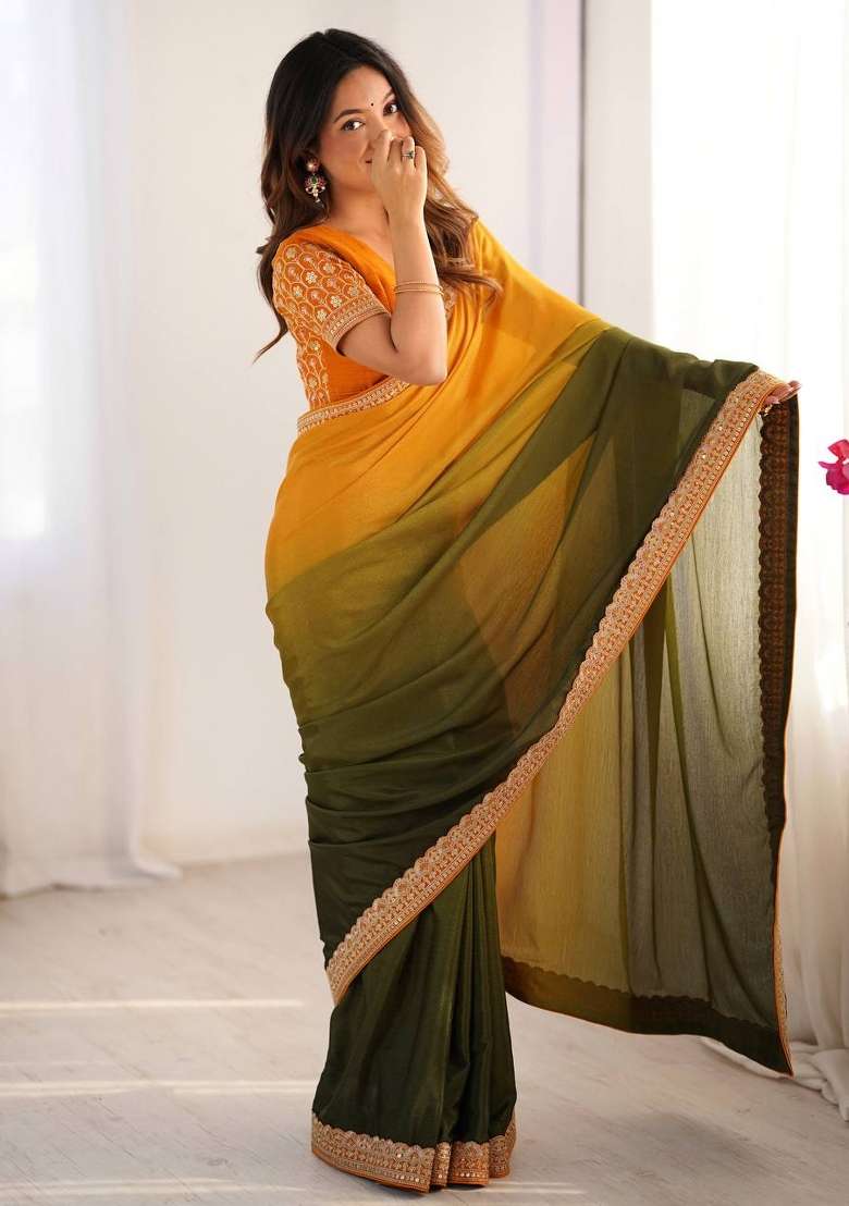 Mustard Yellow Olive Thread And Sequins Work Silk Blend Saree Set - Indya