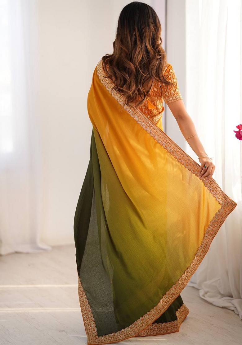 Mustard Yellow Olive Thread And Sequins Work Silk Saree Set - Indya