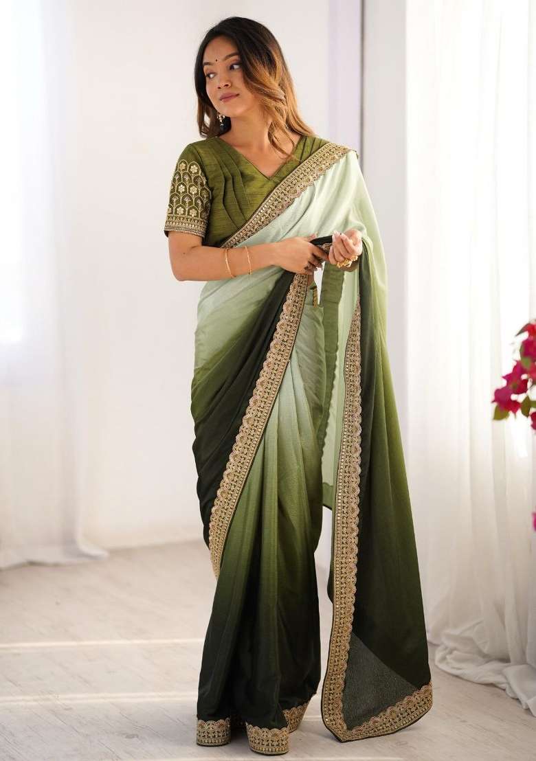 Pista Green Olive Thread And Sequins Work Silk Blend Saree Set - Indya