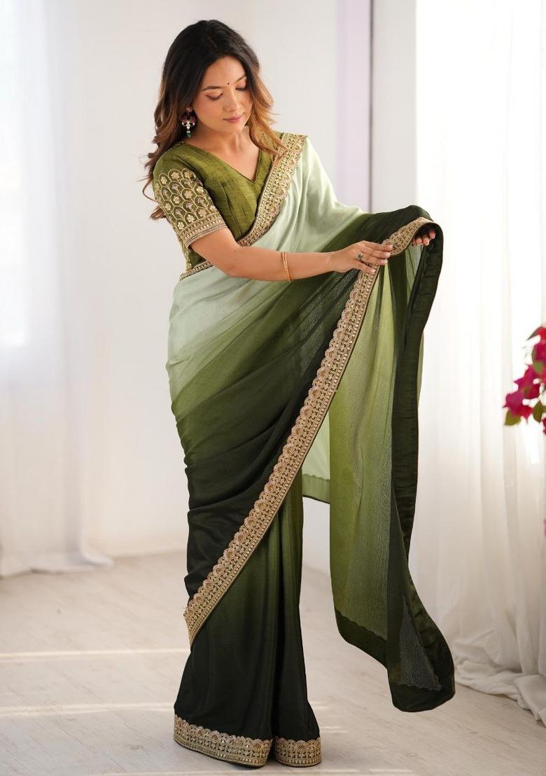 Pista Green Olive Thread And Sequins Work Silk Saree Set - Indya