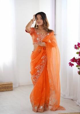 Orange Thread And Sequins Work Silk Saree Set