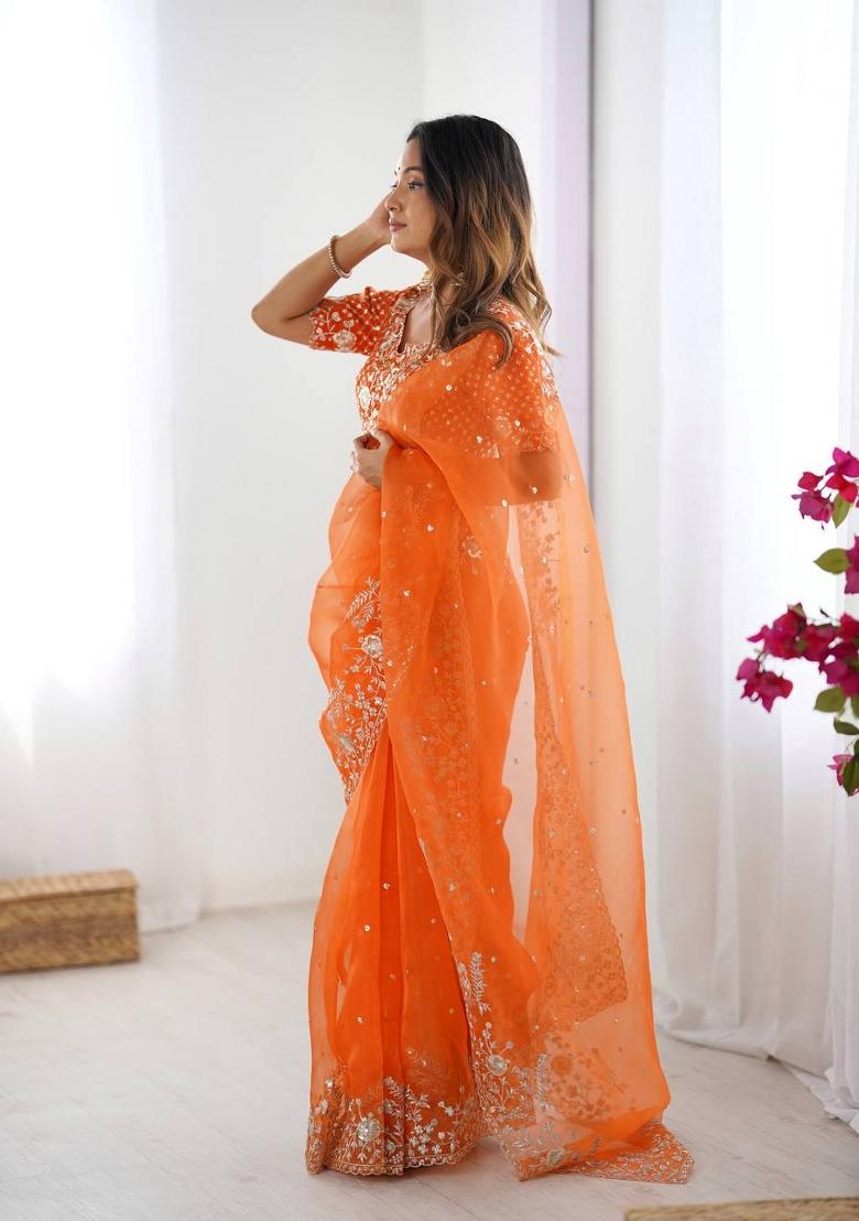 Orange Thread And Sequins Work Silk Saree Set - Indya