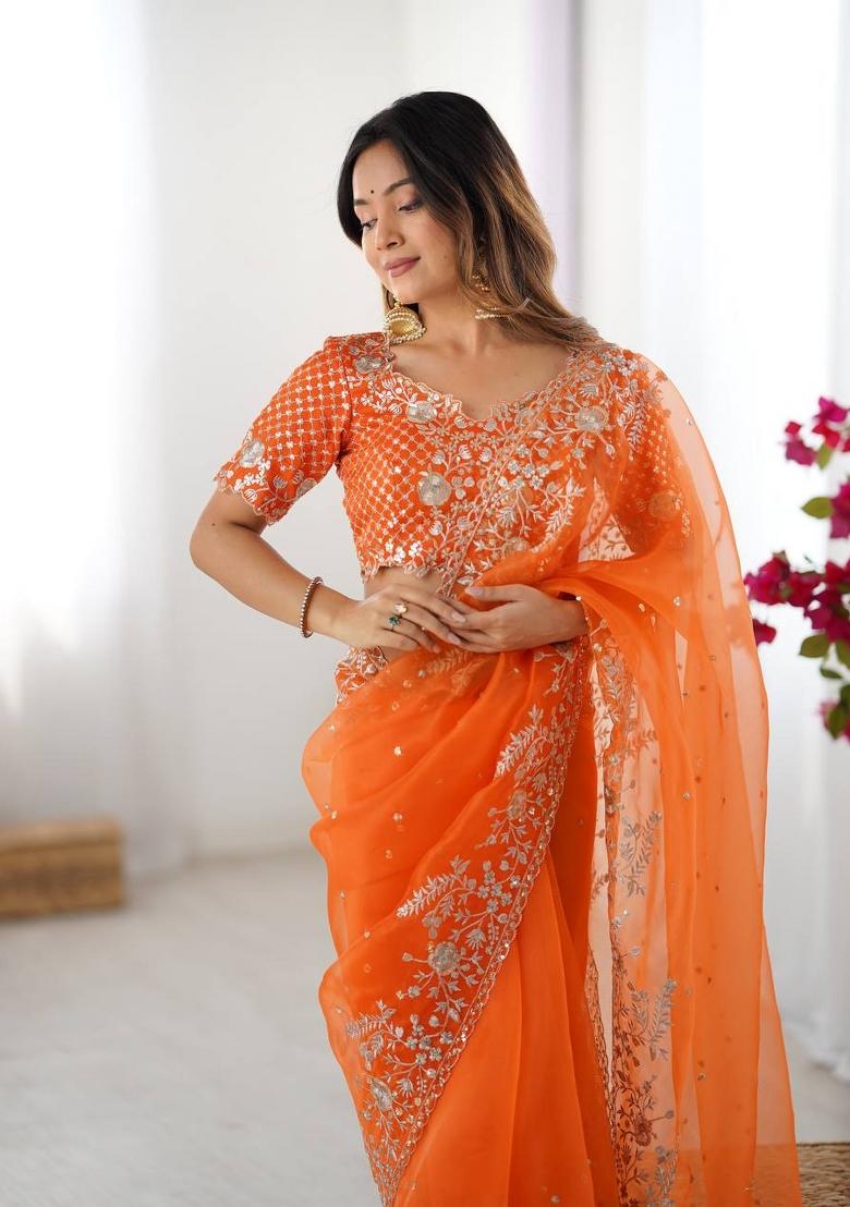 Orange Thread And Sequins Work Silk Saree Set - Indya