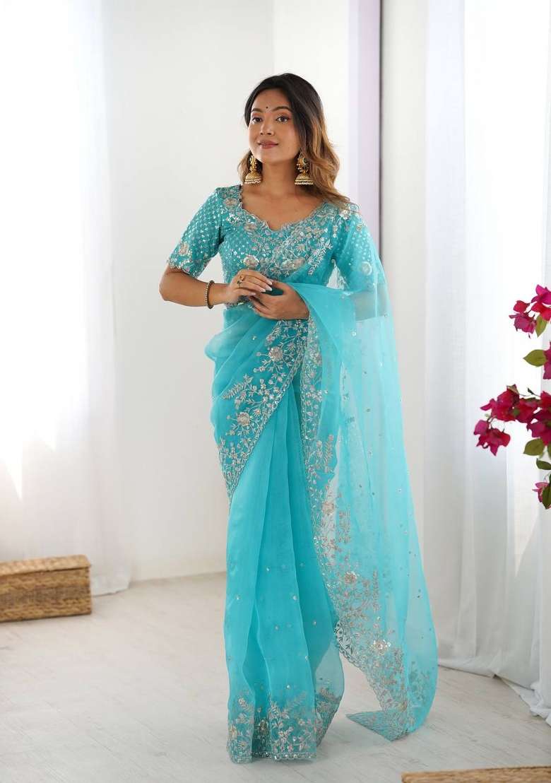 Sky Blue Thread And Sequins Work Silk Blend Saree Set - Indya