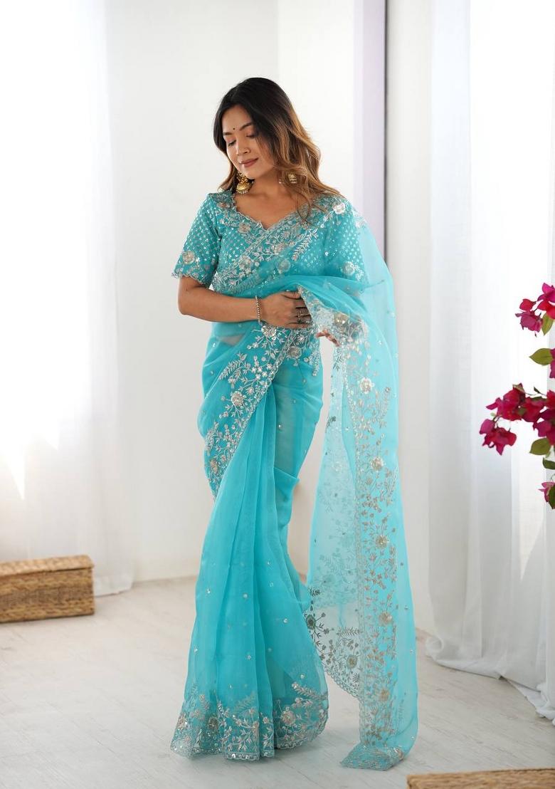 Sky Blue Thread And Sequins Work Silk Saree Set - Indya