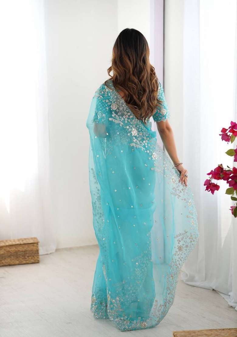 Sky Blue Thread And Sequins Work Silk Blend Saree Set - Indya