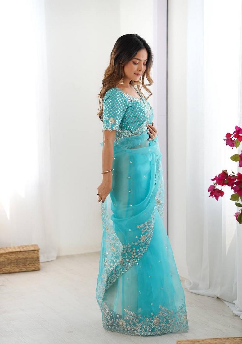 Sky Blue Thread And Sequins Work Silk Saree Set - Indya