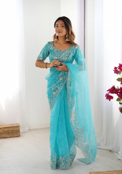 Sky Blue Thread And Sequins Work Silk Saree Set