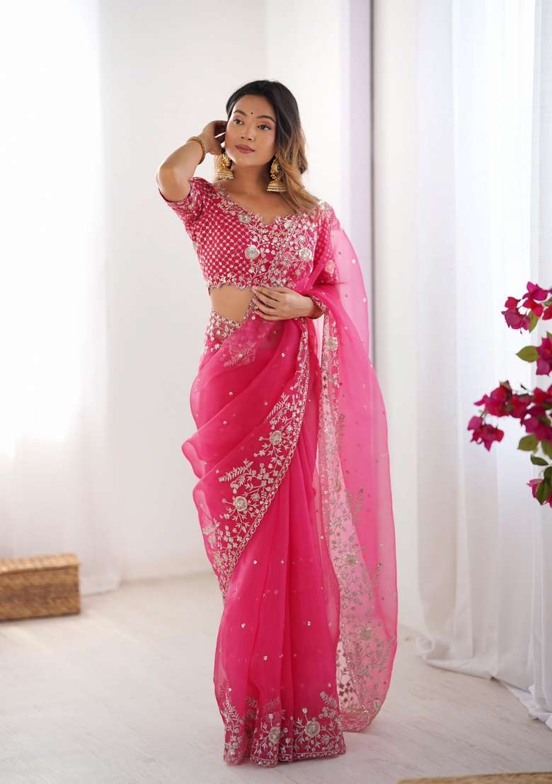 Pink Thread And Sequins Work Silk Blend Saree Set - Indya