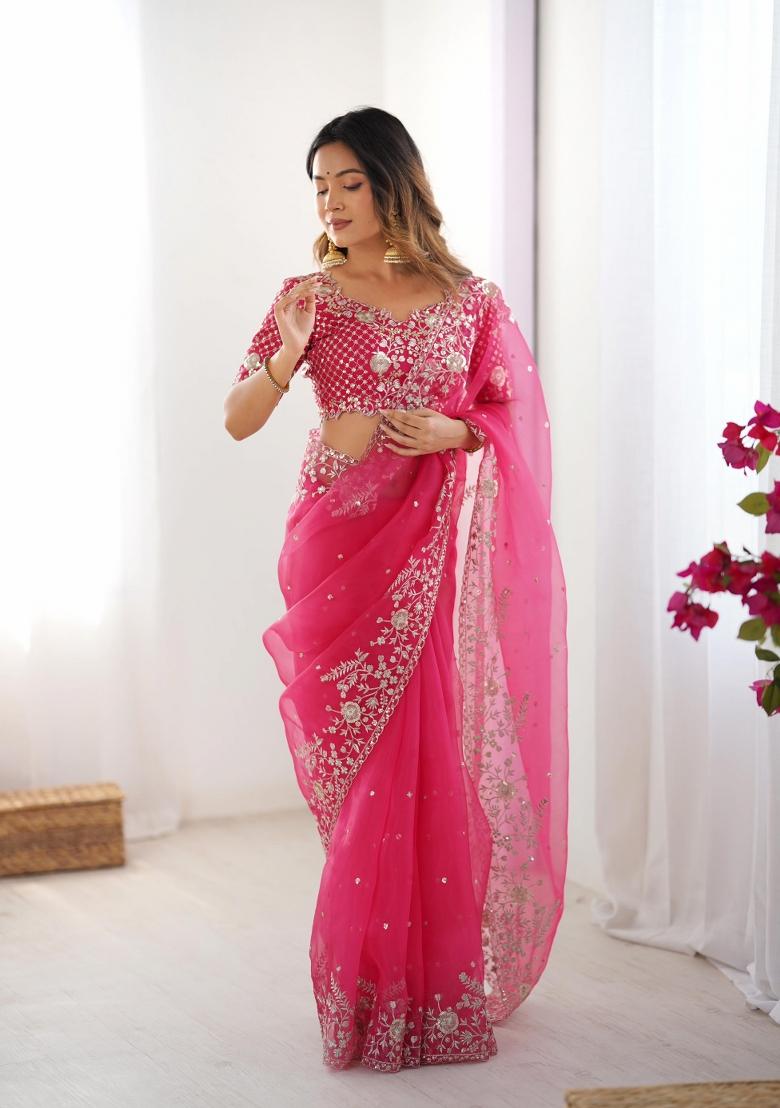 Pink Thread And Sequins Work Silk Saree Set - Indya