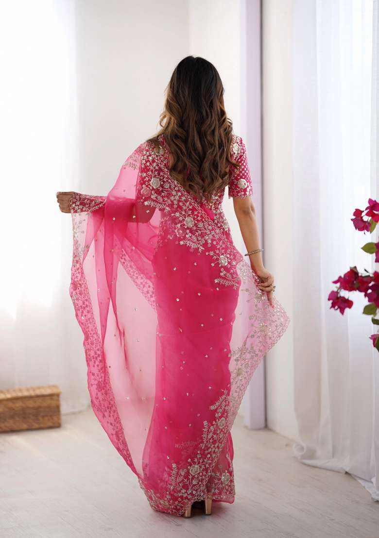 Pink Thread And Sequins Work Silk Blend Saree Set - Indya