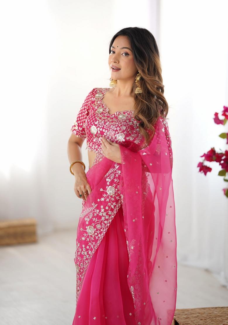 Pink Thread And Sequins Work Silk Saree Set - Indya