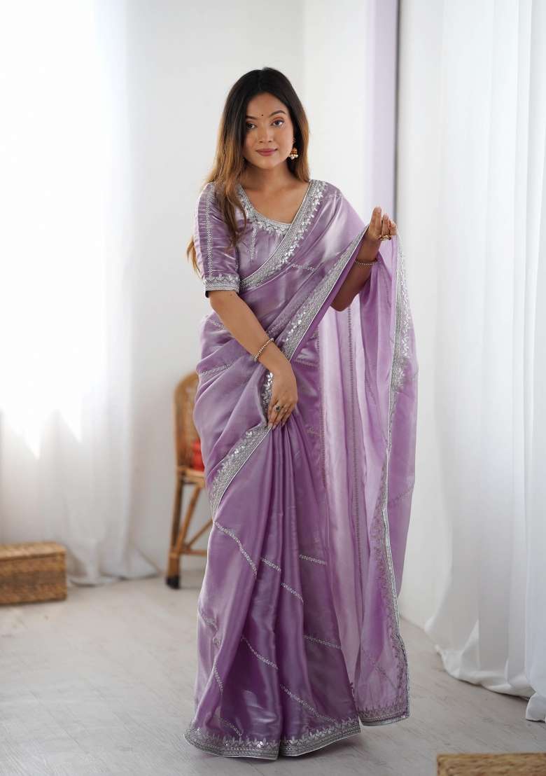 Light Purple Thread And Sequins Work Silk Blend Saree Set - Indya