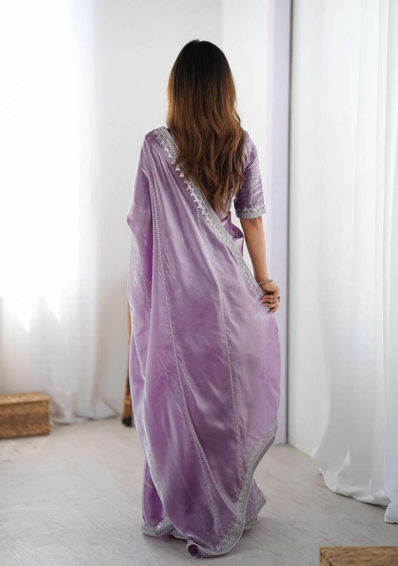 Light Purple Thread And Sequins Work Silk Blend Saree Set - Indya