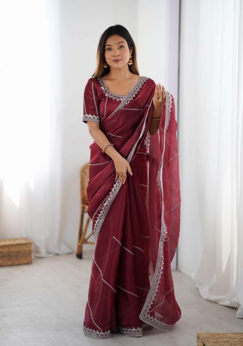 Maroon Thread And Sequins Work Jimmy Choo Saree Set - Indya