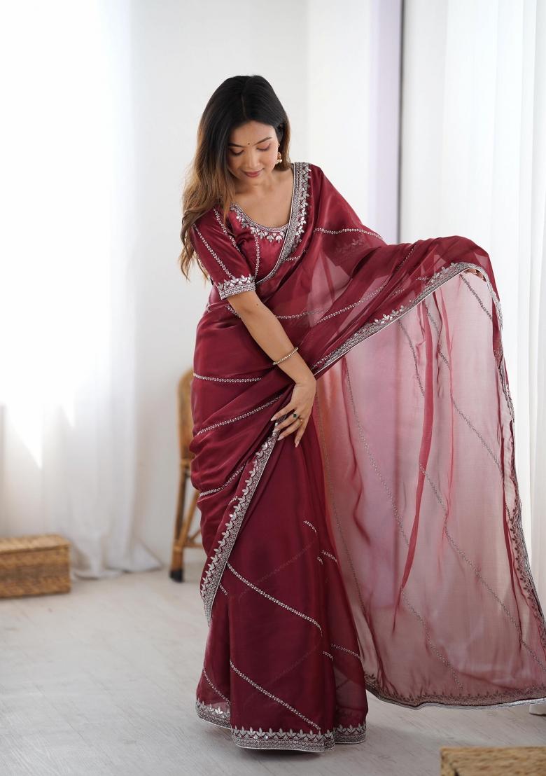 Maroon Thread And Sequins Work Jimmy Choo Saree Set - Indya