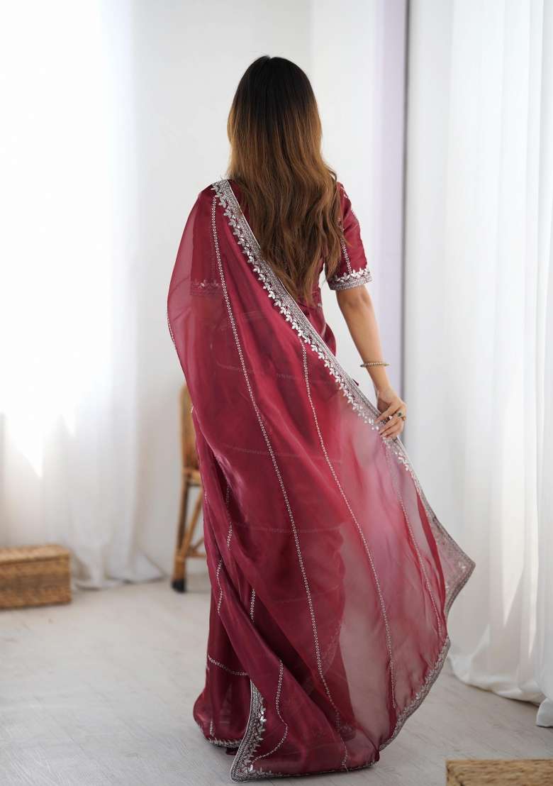 Maroon Thread And Sequins Work Jimmy Choo Saree Set - Indya