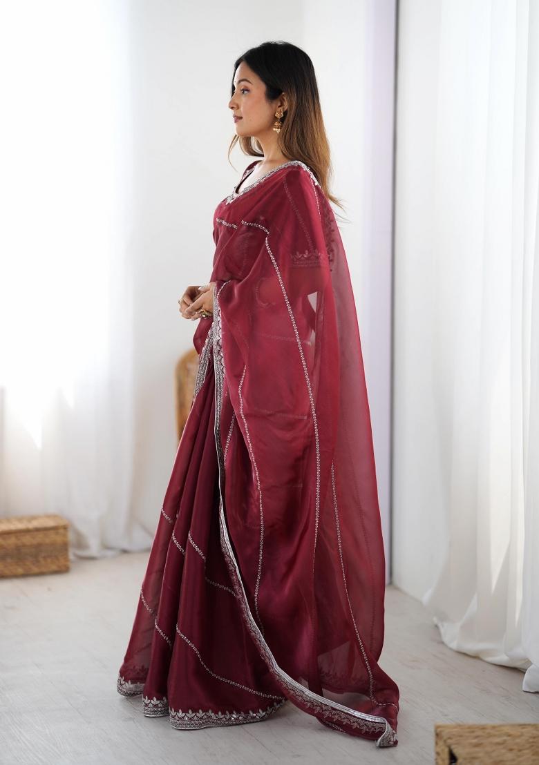 Maroon Thread And Sequins Work Jimmy Choo Saree Set - Indya