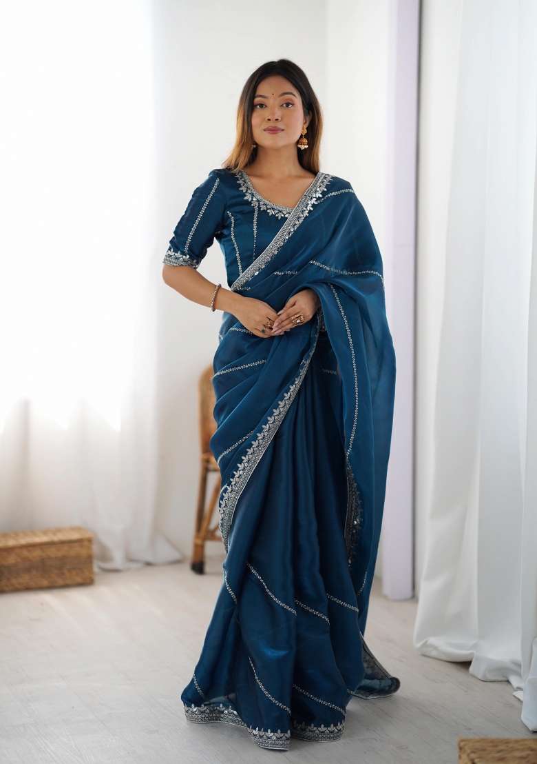 Dark Blue Thread And Sequins Work Jimmy Choo Saree Set - Indya