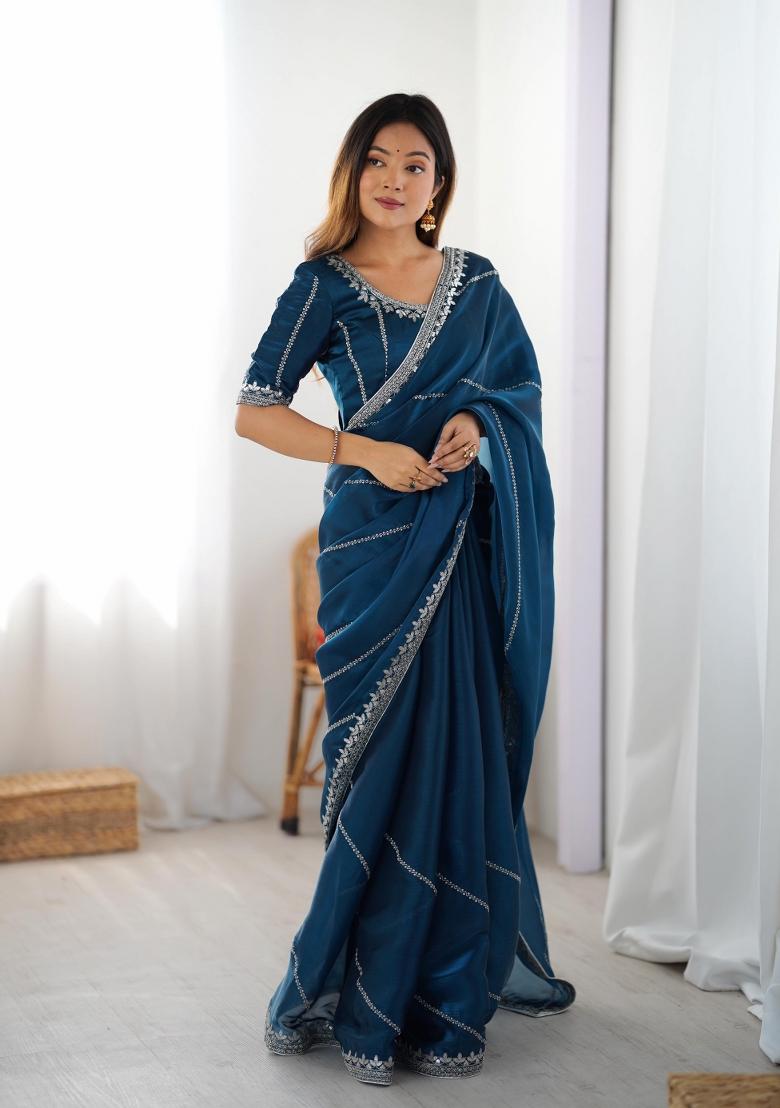 Dark Blue Thread And Sequins Work Jimmy Choo Saree Set - Indya