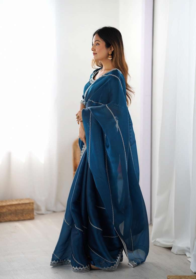 Dark Blue Thread And Sequins Work Jimmy Choo Saree Set - Indya