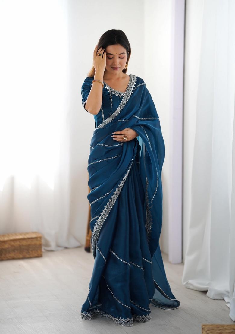 Dark Blue Thread And Sequins Work Jimmy Choo Saree Set - Indya