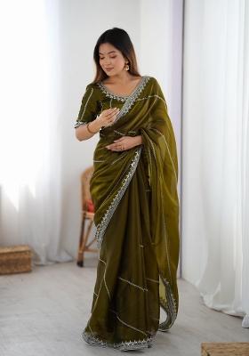 Mehendi Green Thread And Sequins Work Jimmy Choo Saree Set