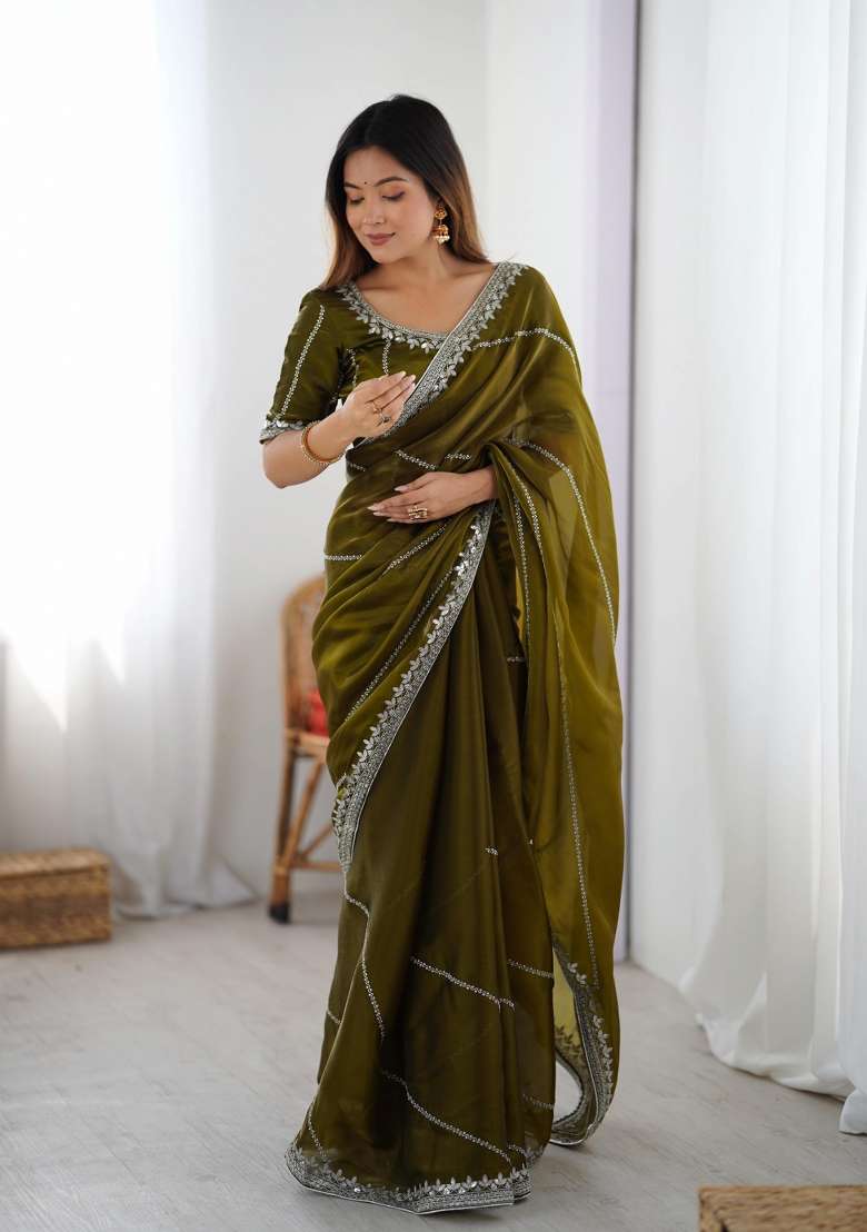 Mehendi Green Thread And Sequins Work Jimmy Choo Saree Set - Indya