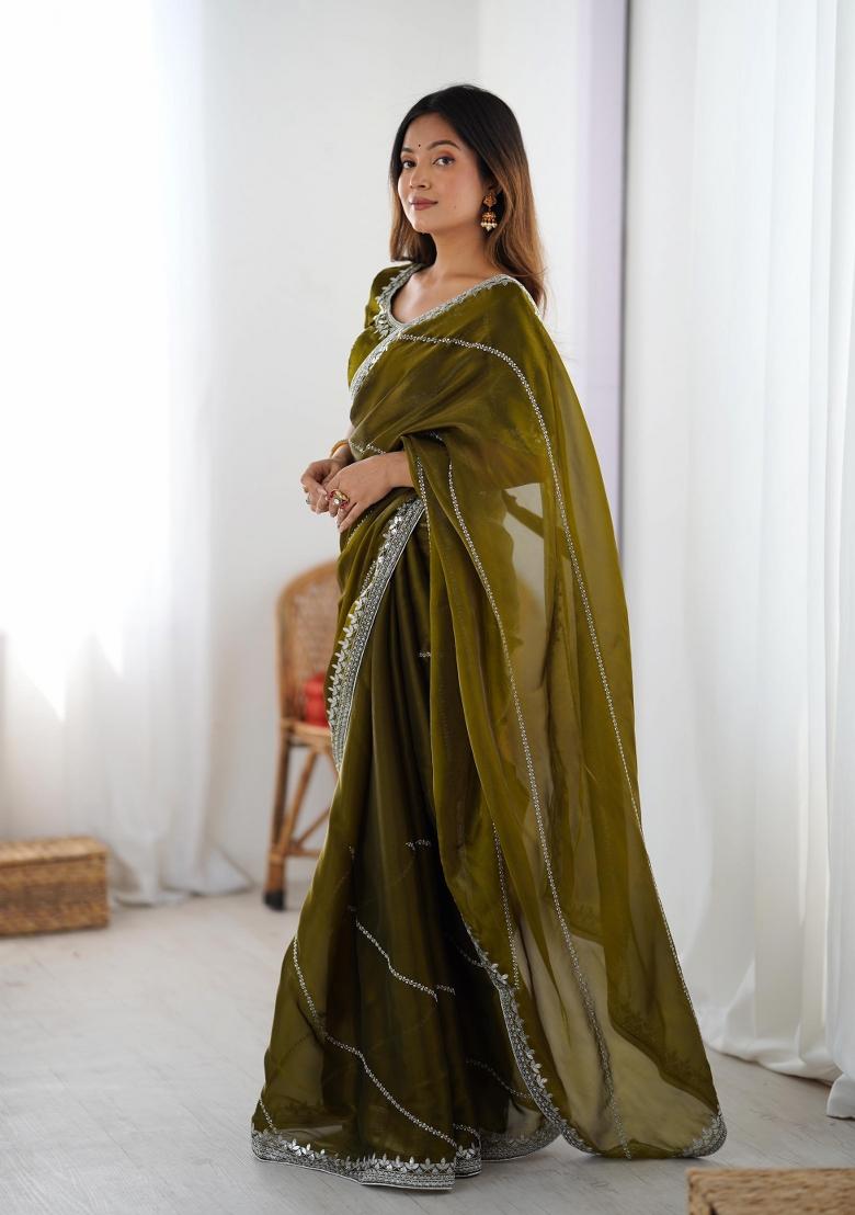 Mehendi Green Thread And Sequins Work Jimmy Choo Saree Set - Indya