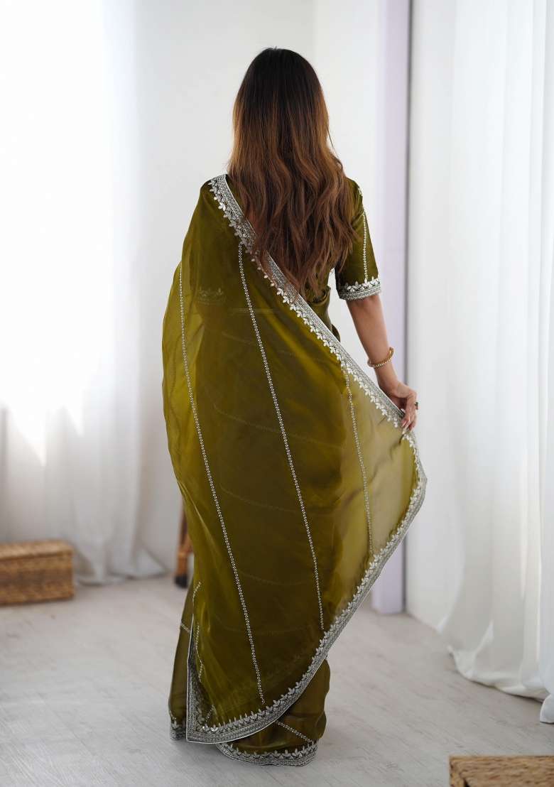 Mehendi Green Thread And Sequins Work Jimmy Choo Saree Set - Indya