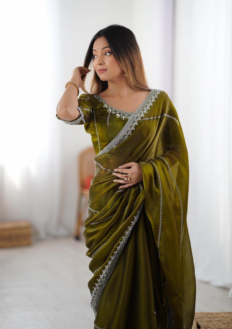 Mehendi Green Thread And Sequins Work Jimmy Choo Saree Set - Indya