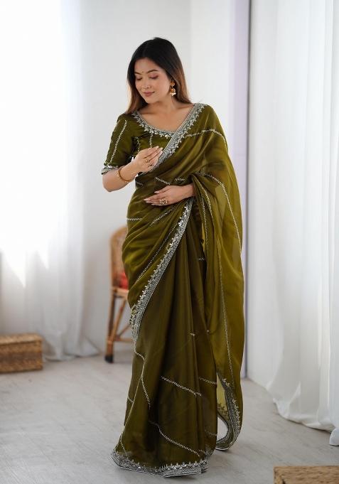 Mehendi Green Thread And Sequins Work Jimmy Choo Saree Set