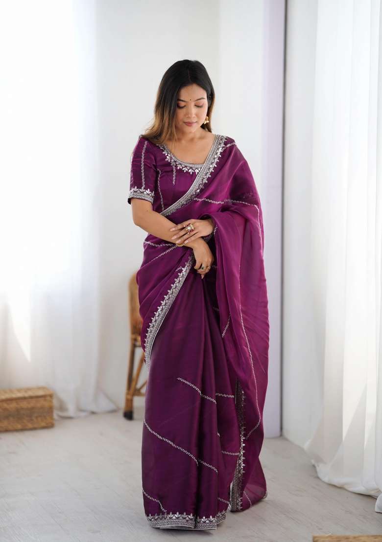 Wine Thread And Sequins Work Jimmy Choo Saree Set - Indya