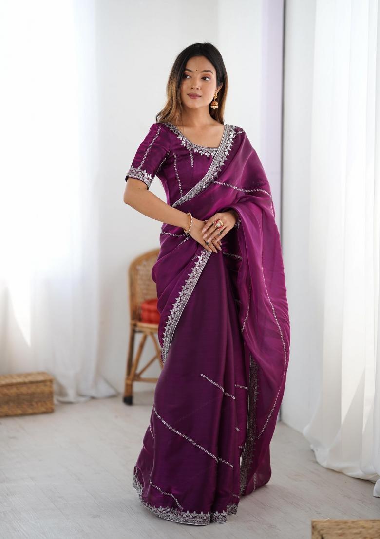 Wine Thread And Sequins Work Jimmy Choo Saree Set - Indya