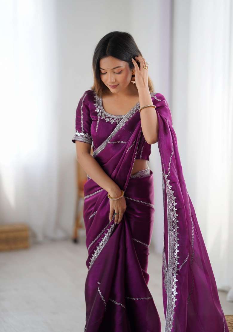 Wine Thread And Sequins Work Jimmy Choo Saree Set - Indya