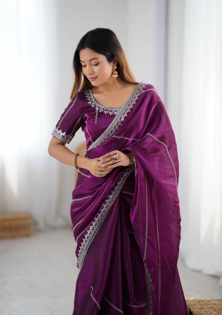 Wine Thread And Sequins Work Jimmy Choo Saree Set - Indya