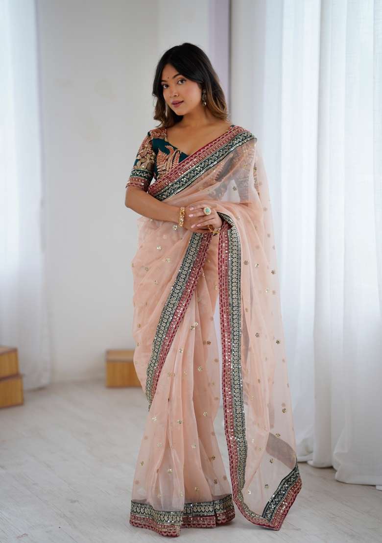 Dusty Pink Thread And Sequins Work Net Saree Set - Indya