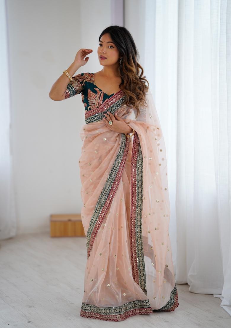 Dusty Pink Thread And Sequins Work Net Saree Set - Indya