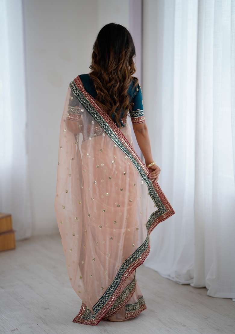 Dusty Pink Thread And Sequins Work Net Saree Set - Indya