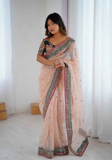 Dusty Pink Thread And Sequins Work Net Saree Set