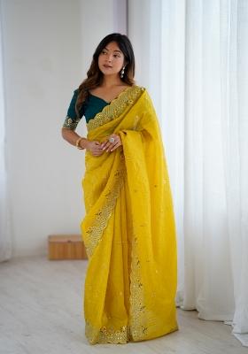 Mustard Yellow Thread And Sequins Work Silk Saree Set