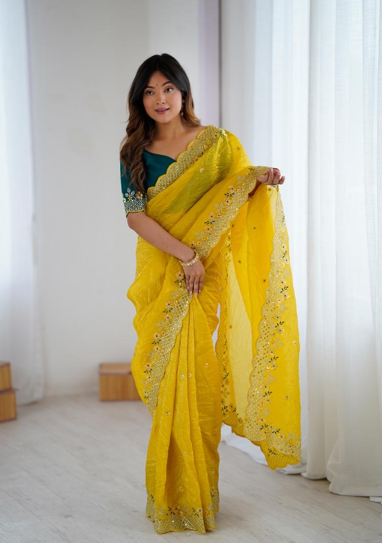 Mustard Yellow Thread And Sequins Work Silk Saree Set - Indya