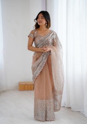 Golden Beige Sequins Work Net Saree Set