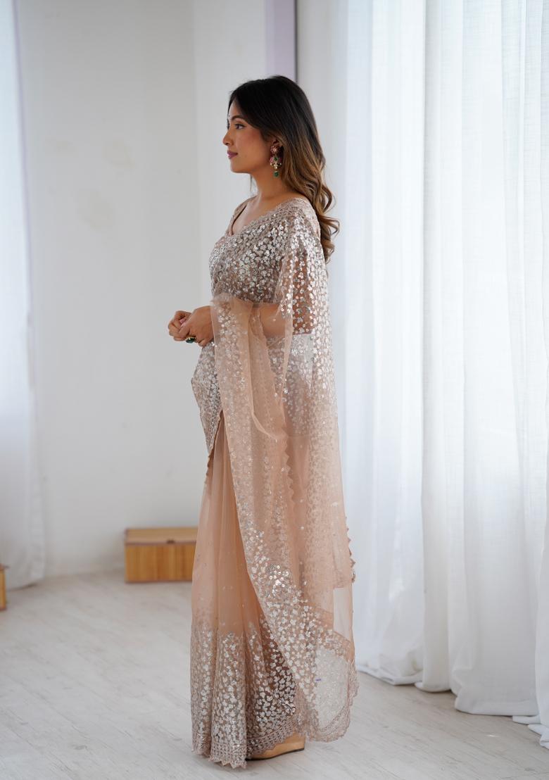 Golden Beige Sequins Work Net Saree Set - Indya