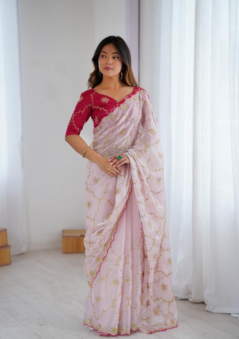 Blush Pink Thread And Sequins Work Jimmy Choo Saree Set - Indya