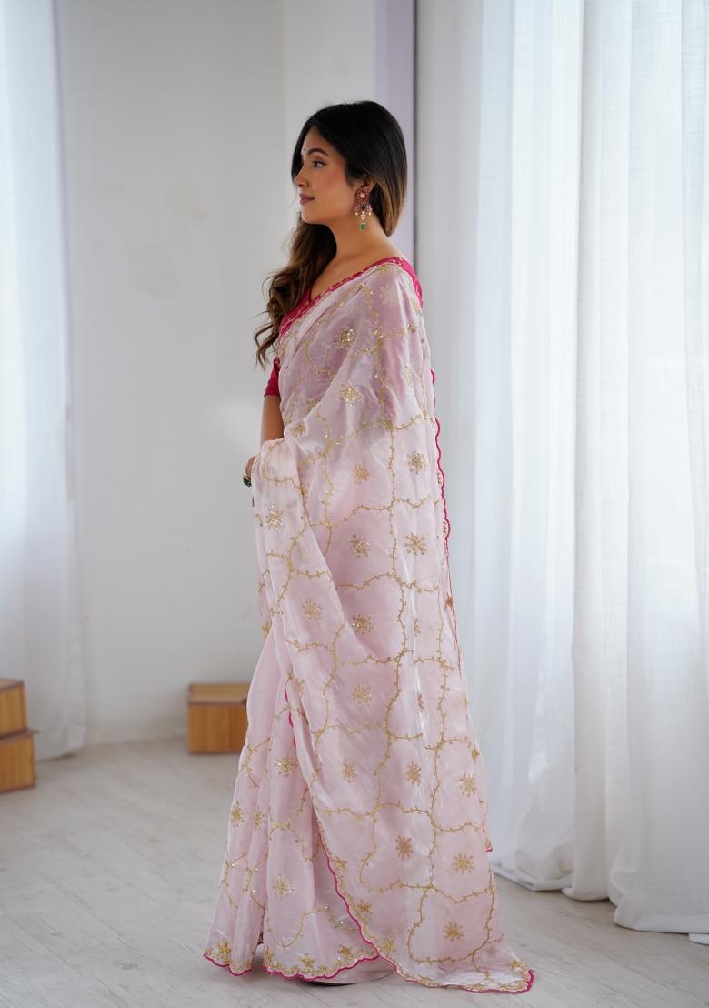 Blush Pink Thread And Sequins Work Jimmy Choo Saree Set - Indya