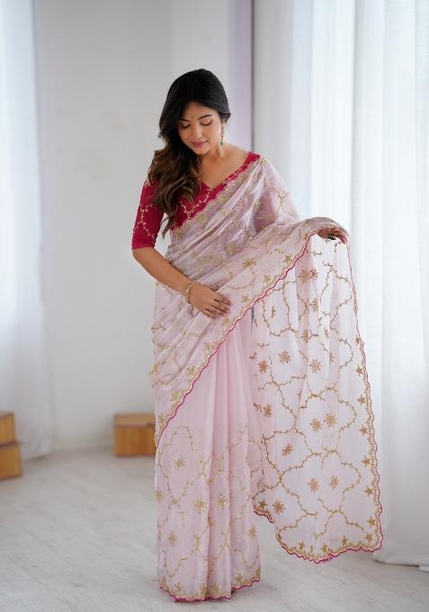 Blush Pink Thread And Sequins Work Jimmy Choo Saree Set