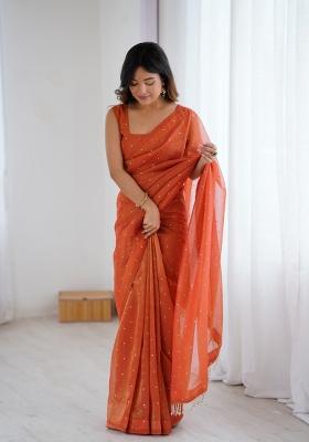 Rust Orange Motif Silk Saree Set