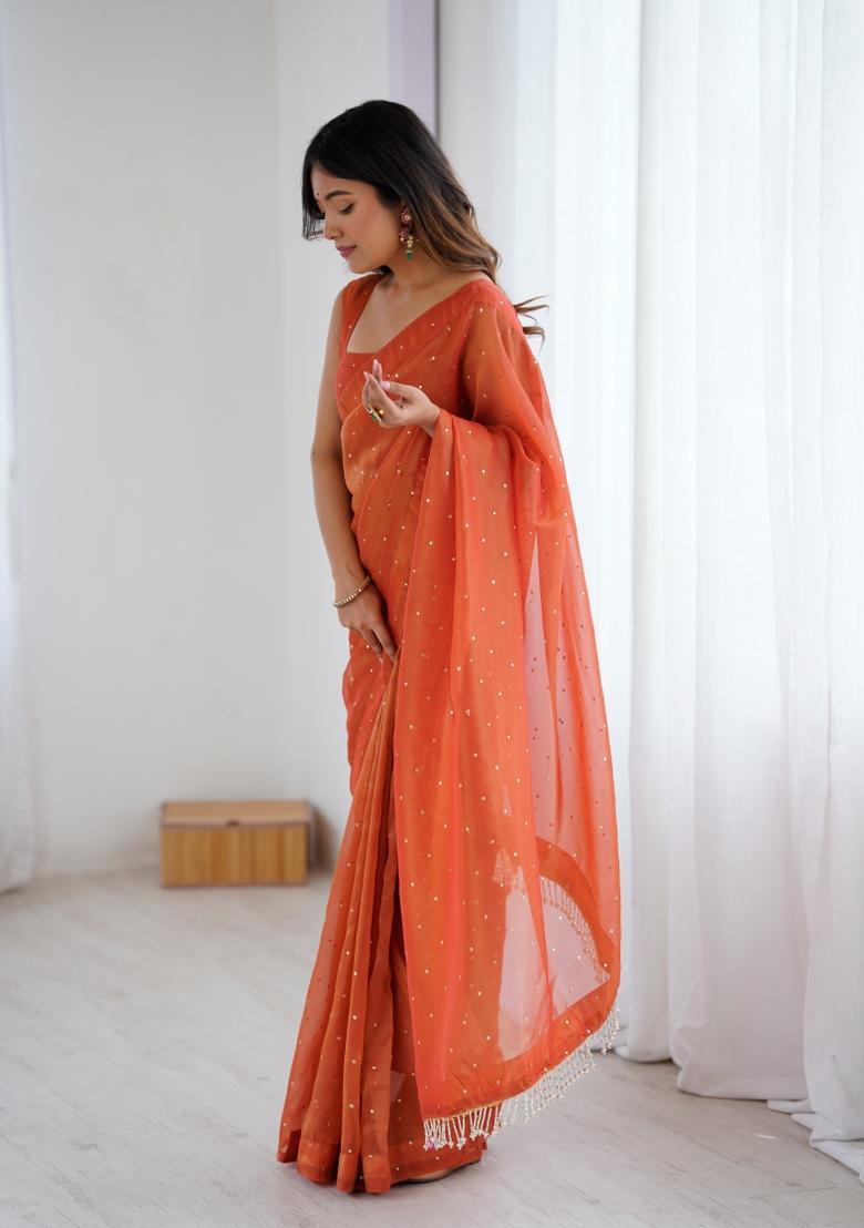 Rust Orange Motif Silk Saree Set - Indya