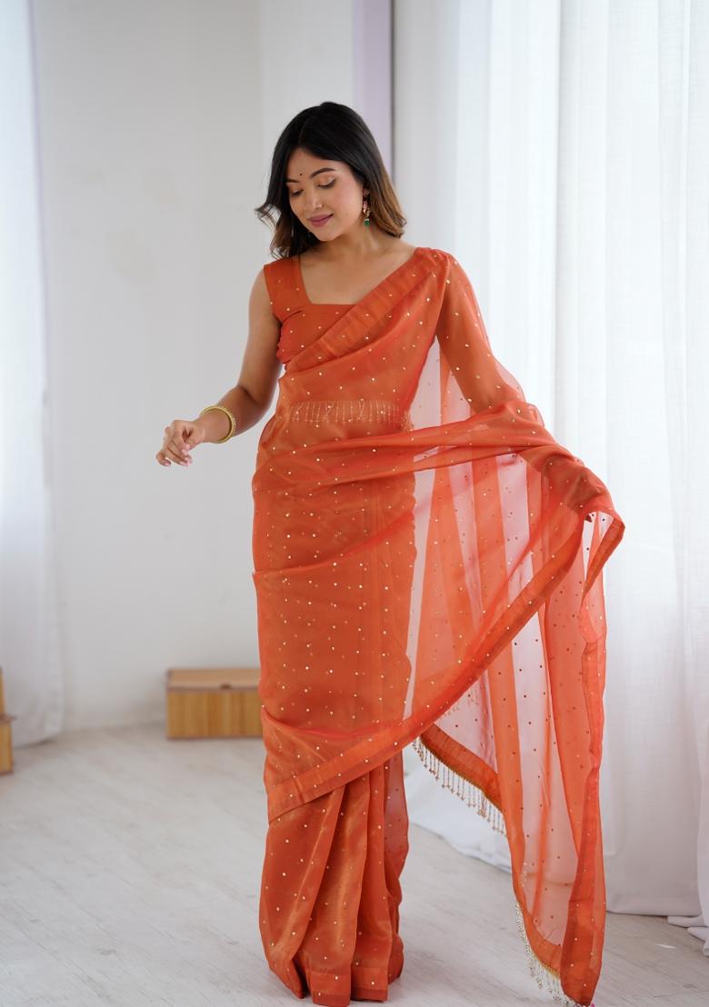 Rust Orange Motif Silk Saree Set - Indya